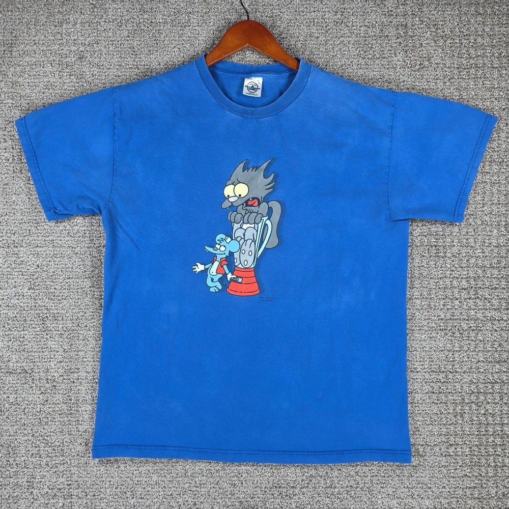 Vintage 2002 The Simpsons Itchy and Scratchy Delta Blue Shirt Mens Large Blender
